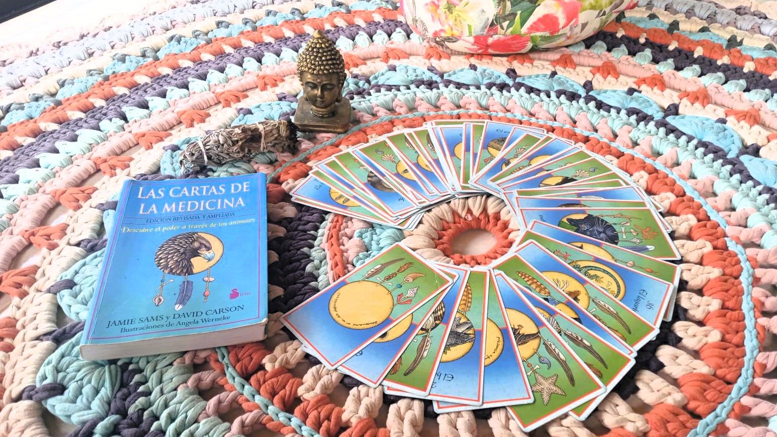A picture taken by Andrea of her Medicine cards and the book on an altar